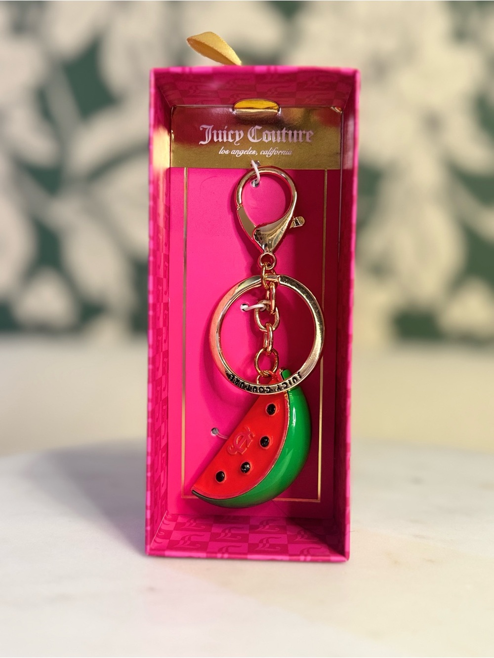 Juicy Couture Gold-Tone Watermelon Charm Keyring with Pink Box NWT